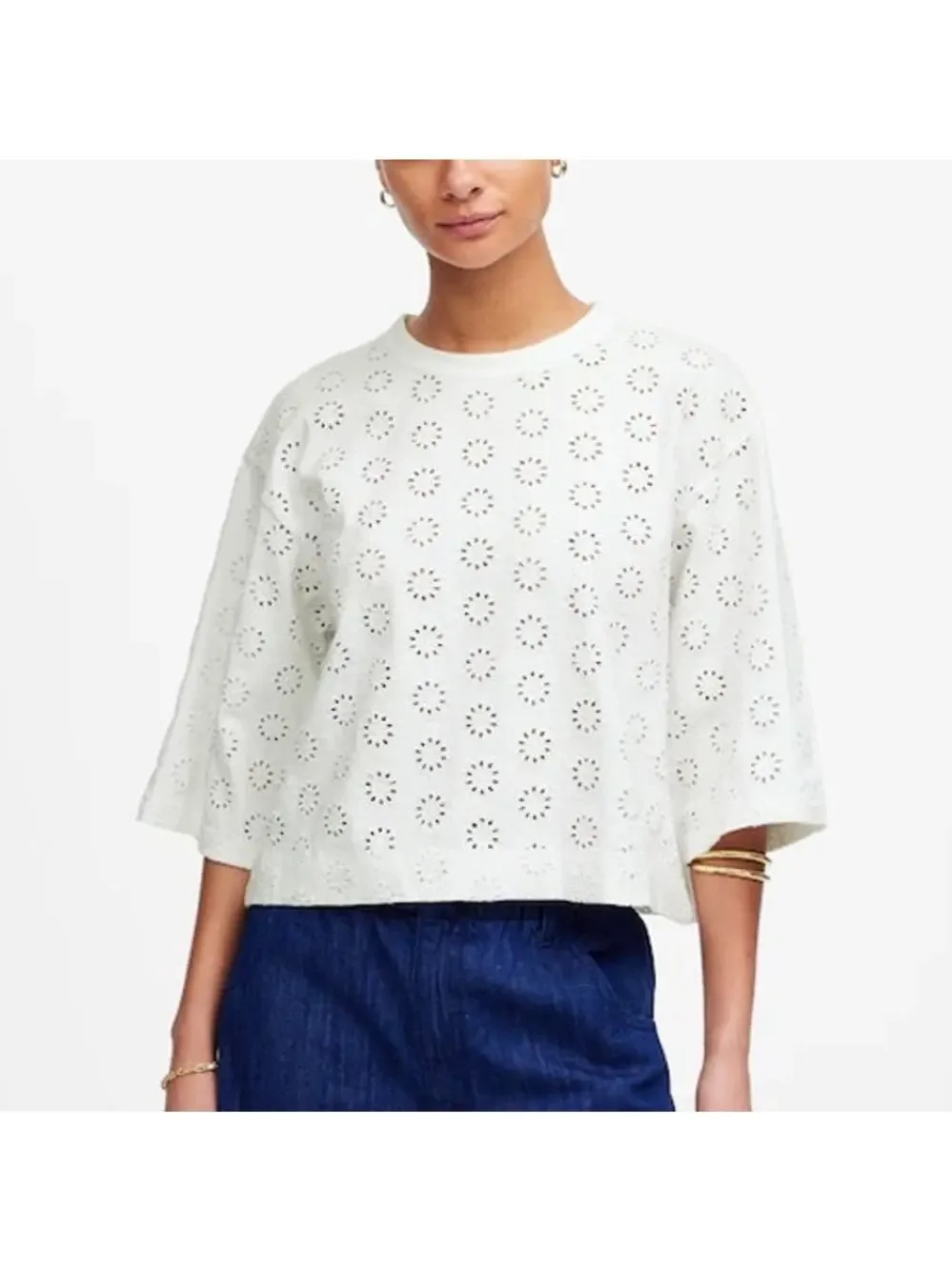 Madewell Embroidered Wide Sleeve Boxy Cotton Tee White Size Small - Picture 1 of 7